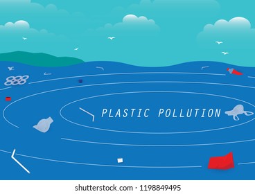 trash floating on sea with text plastic pollution environmental banner plastic garbage decor