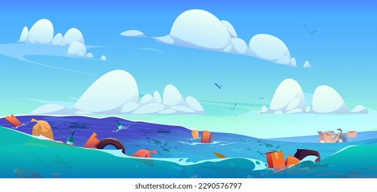 Trash floating on water surface in open sea. Vector cartoon illustration of plastic, glass bottles, rubber, paper, cardboard garbage in ocean. Environmental pollution problem. Ecology contamination