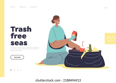Trash free sea concept of landing page with girl volunteer in rubber gloves picking up litter at beach. Young activist woman cleaning coast from rubbish and waste. Cartoon flat vector illustration