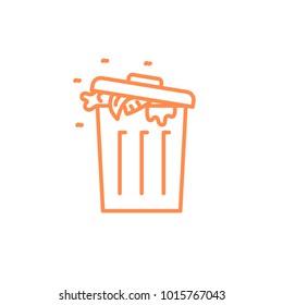 Trash full with dirt and fly icon. Kitchen appliances for cooking Illustration. Simple thin line style symbol.