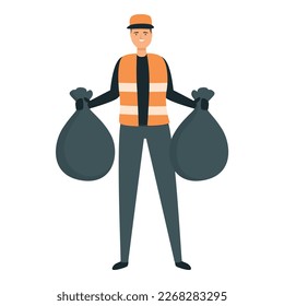 Vector de dibujos animados de iconos de bolsas de basura de basura. Hombre de la calle. Volcar al trabajador