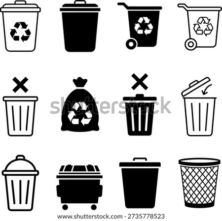 Trash and garbage bin icons vector set, waste recycle containers dumpster disposal symbols on transparent background
