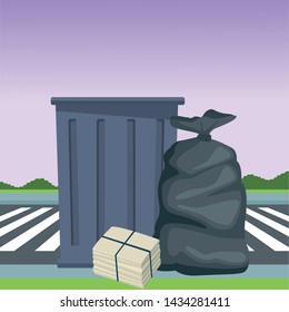 trash garbage can, garbage bag and paper pile moored icon cartoon outdoor next to the street and some shruberry in the horizon vector illustration graphic design