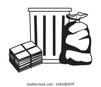 trash garbage can, garbage bag and paper pile moored icon cartoon in black and white vector illustration graphic design