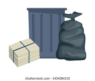 trash garbage can, garbage bag and paper pile moored icon cartoon vector illustration graphic design