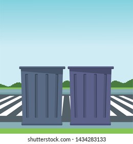 trash garbage can icon cartoon outdoor next to the street and some shruberry in the horizon vector illustration graphic design