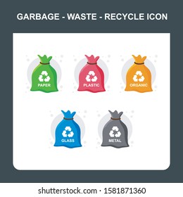 Trash - Garbage can icon set, with 5 types of waste categories, contains such us garbage of organic, plastic, metal, paper, and glass
