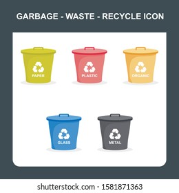 Trash - Garbage can icon set, with 5 types of waste categories, contains such us garbage of organic, plastic, metal, paper, and glass