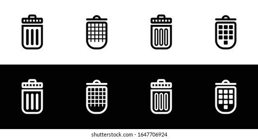 Trash or garbage can icon set. Flat design icon collection isolated on black and white background.