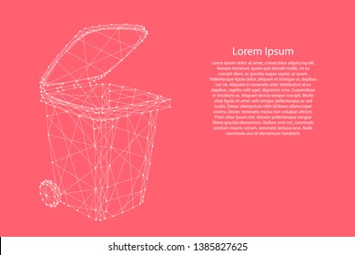 Trash garbage can with lid and wheels from abstract futuristic polygonal white lines and dots on pink rose color coral background for banner, poster, greeting card. Vector illustration.
