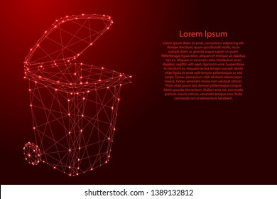 Trash garbage can with lid and wheels from futuristic polygonal red lines and glowing stars for banner, poster, greeting card. Vector illustration.