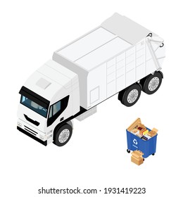 Basura, lata de basura con basura de papel y camión de basura. Reciclaje de la recolección de la separación de basura y reciclado aislados en fondo blanco