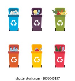 Trash in garbage cans with recycle garbage vector icons. Garbage separation collection. Different types of waste. Paper, plastic, glass, organic, electronic waste, metal. Vector illustration