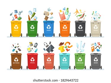 Trash in garbage cans with sorted garbage for organic, paper, plastic, glass, metal, tablets, batteries. Separation of garbage into different containers. Recycling sorting, waste collection vector