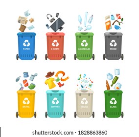 Trash in garbage cans with sorted garbage for paper, clothes, glass, metal, drugs, light bulbs, e-waste. Separation of garbage into different containers. Recycling sorting, waste collection vector