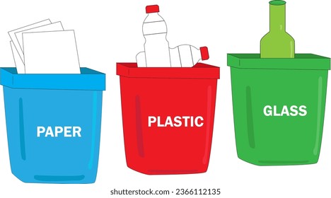 Basura con papel de basura, plástico y vidrio. Ordenando basura. Concepto de ecología y reciclaje. Cañones de basura ilustraciones planas vectoriales.
