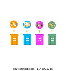 Trash garbage cans with sorted garbage, recycling garbage industry vector Illustration on a white background