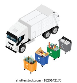 Trash in garbage cans with sorted garbage and garbage truck. Recycling garbage separation collection and recycled isolated on white background