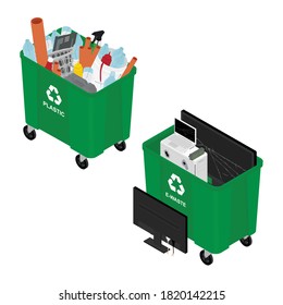 Trash in garbage cans with sorted garbage and garbage truck. Recycling garbage separation collection and recycled isolated on white background