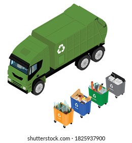 Basura en los cubos de basura con basura clasificada y camión de basura. Reciclaje de la recolección de la separación de basura y reciclado aislados en fondo blanco