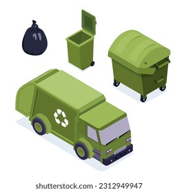 Basura en los cubos de basura con basura clasificada y camión de basura. Reciclaje de la recolección de la separación de basura y reciclado aislados en fondo blanco