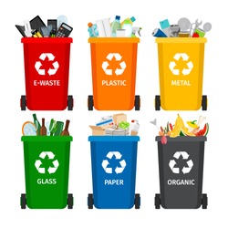Trash In Garbage Cans With Sorted Garbage Vector Icons. Recycling Garbage Separation Collection And Recycled Isolated On White Background