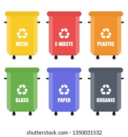 Trash in garbage cans with sorted garbage vector icons. 