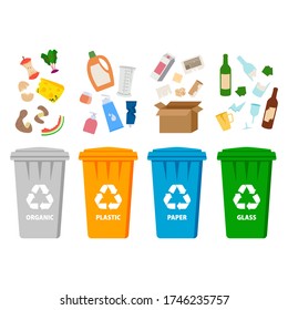 Trash in garbage cans with sorted garbage vector icons. Waste plastic separate cans recycling sorting. Recycling and collection of garbage and waste. A set of garbage.