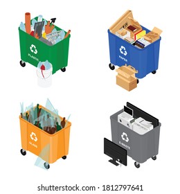 Trash in garbage cans with sorted garbage vector icons. Recycling garbage separation collection and recycled isolated on white background