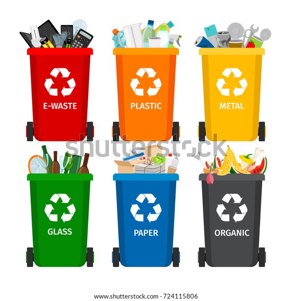 Trash in garbage cans with sorted garbage\
vector icons. Recycling garbage separation collection and recycled\
isolated on white\
background