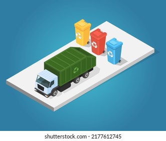 Trash in garbage cans and garbage sorting vehicle. Recycling, rubbish separation and transportation. Different color recycle bins and truck for transporting glass, plastic, paper. Zero waste concept