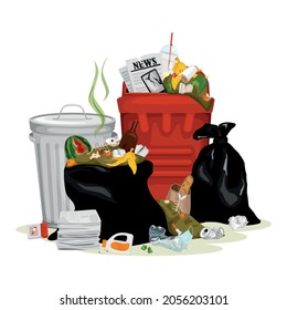 Trash garbage composition with isolated image of fulfilled bins with mixed garbage paper and organic waste vector illustration