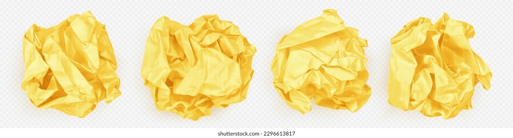 Müll, Müll zerbrochener Papierbälle einzeln auf transparentem Hintergrund. Konzept der Ablehnung Idee, Fehler, Müll mit zerknittertem gelbem Papier Waden, Vektorrealismus Set
