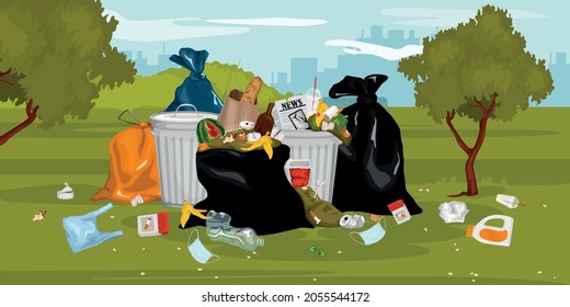 Trash garbage in park composition of outdoor scenery with cityscape and pile of waste among trees vector illustration