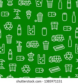 Trash Garbage Related Thin Line Seamless Pattern Background Include of Lamp, Bag and Glass Bottle. Vector illustration of Icons