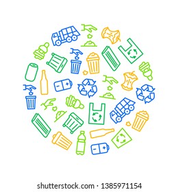Trash Garbage Related Thin Line Round Design Template Ad Include of Lamp, Bag and Glass Bottle. Vector illustration of Icons
