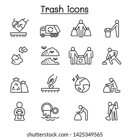 Trash, Garbage, Rubbish, Dump, Refuse Icon Set In Thin Line Style