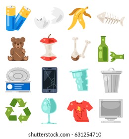 Trash and garbage set icons. Vector flat illustration on white background