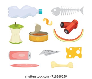 Trash and garbage set illustrations in cartoon style. Biodegradable and plastic icons.