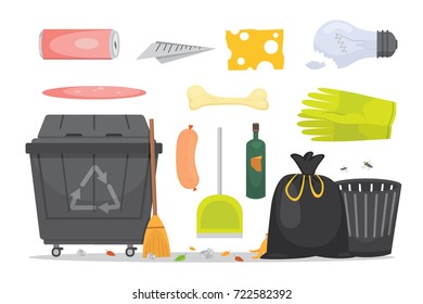 Trash and garbage set illustrations in cartoon style. Biodegradable, plastic and dumpster icons.