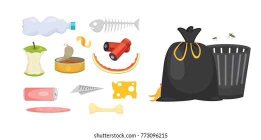 Trash and garbage set illustrations in cartoon style. Biodegradable, plastic and dumpster icons.