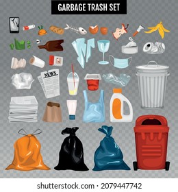 Trash garbage set of isolated icons of sacks bin containers and various waste on transparent background vector illustration