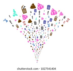Trash Garbage stream fountain. Vector illustration style is flat iconic symbols. Object fountain done from random pictographs as trash garbage fireworks.