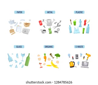 Trash and garbage types - paper, organic, metal, glass, e-waste, plastic. Trash cans isolated on white . Recycling garbage. Vector