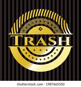 Emblema brillante dorado de basura. Ilustración vectorial. Detallado. 