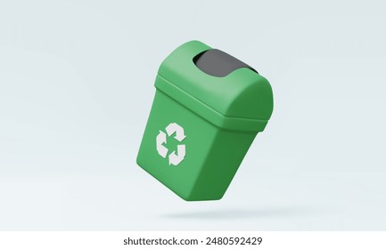 Trash green floating on white background. Recycling bin 3D icon environment garbage concept. ecology plastic waste, cartoon minimal style. Eps 10 vector. 3d render illustration graphic element