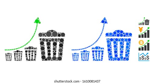 Trash growing trend mosaic of round dots in different sizes and color tinges, based on trash growing trend icon. Vector round elements are united into blue mosaic.