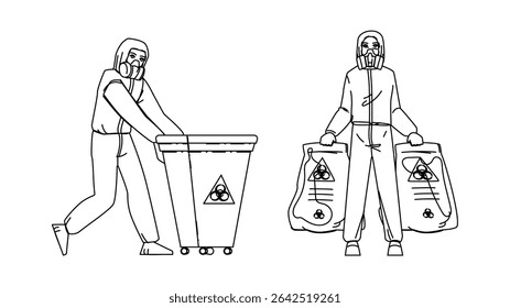 lixo vetor de gestão de resíduos perigosos. plástico de eliminação, fábrica de contêineres, reciclagem suja lixo perigoso lixo gerenciamento de resíduos caráter. pessoas linha preta lápis desenho ilustração