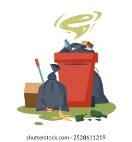 Lixeira. Despejo com lixeira cheia, sacos com lixo e resíduos fedidos não triados na cidade. Ilustração vetorial isolada sobre um fundo branco em estilo cartoon. Conceito de poluição ambiental.