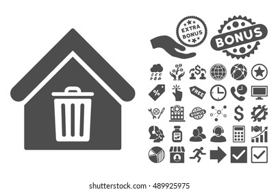 Trash House icon with bonus symbols. Vector illustration style is flat iconic symbols, gray color, white background.